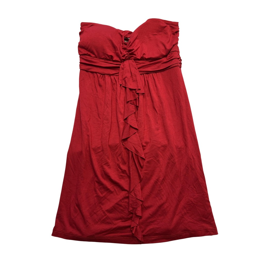 Lush Dress Womens Medium Red Strapless‎ Ruffle Empire Ruched Knit Made in USA